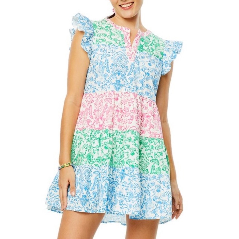 Roller Rabbit Hilla Tiered Block Print Mini Dress Multi-Color Cotton - Size L